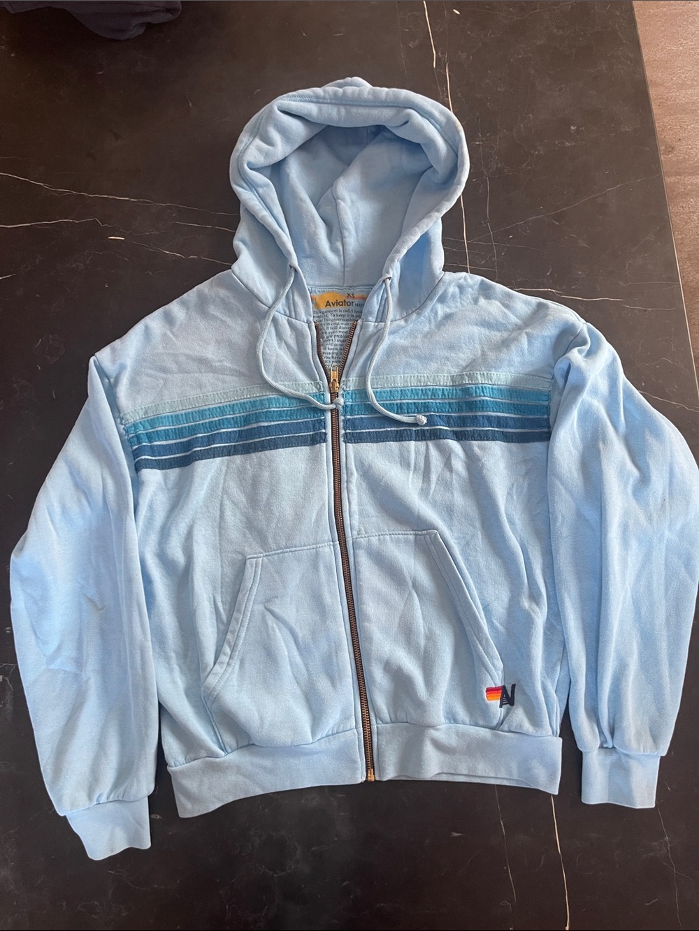 Aviator Nation Light Blue Zip-Up Hoodie with Blue Stripe Chest